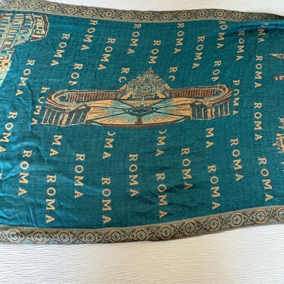 Title:
Vintage Roma Italy Scarf Wrap Teal Gold Colosseum Print 70x27 - Picture 2 of 12